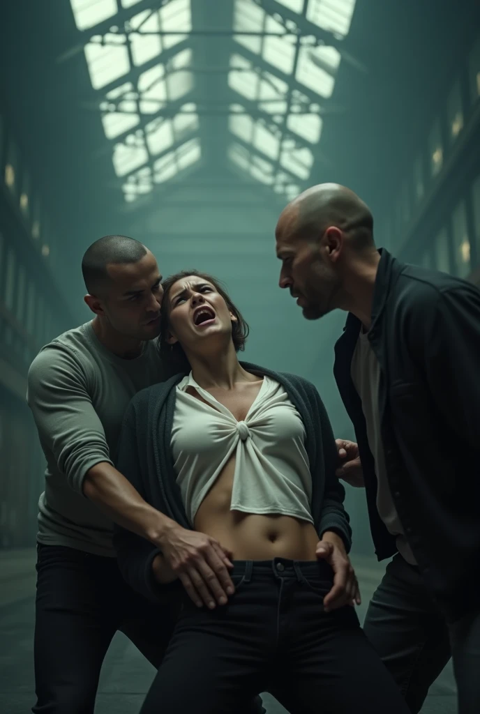 n a dimly lit room, voldemort, a mysterious and sinister figure, is standing close to Hermione Granger, a young woman with curly brown hair. Hermione is leaning against a cold stone wall, her shirt slightly lifted to expose her bare abdomen. Voldemort has his hand placed firmly on her abdomen, with his palm fully resting on her skin and pressing the abdomen. Hermione’s face reflects a mix of resignation and discomfort as she stands against the wall. The atmosphere is tense, with the shadows in the room emphasizing