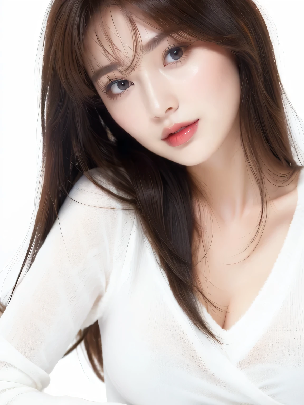 1 girl, NSFW, (White background), ((8K, RAW, Masterpiece: 1.4)), (Professional Photoshoot, sharp:1.2), ((Portrait shot)), Perfect dynamic composition, (Natural sunlight), (Soft Shadow), (Perfect body:1.4, Slim abs:1.2), ((Japanese Hairstyle:1.4, Huge breast:1.2)), Medium long hair, Ultra detail face and skin, Perfect Asian, white skin, (Detailed skin:1.3),(Latex skin:0.4), (Perfect Glossy Skin:0.6), Ai Shiramori, colleague student, 27-year-old, Fashion Model, (sexy white luxury dress), showing cleavage, blonde hair, light brown eyes, beautiful eyes, round eyes, pretty face, Blushing face, glossy lips, high nose bridge, lustrous eyes, a face of perfect proportion, realistic humid skin, Exquisite Expression, lightly smile to the camera, Looking at camera, exquisite expression, elegance necklace, elegance earrings, minimalist
