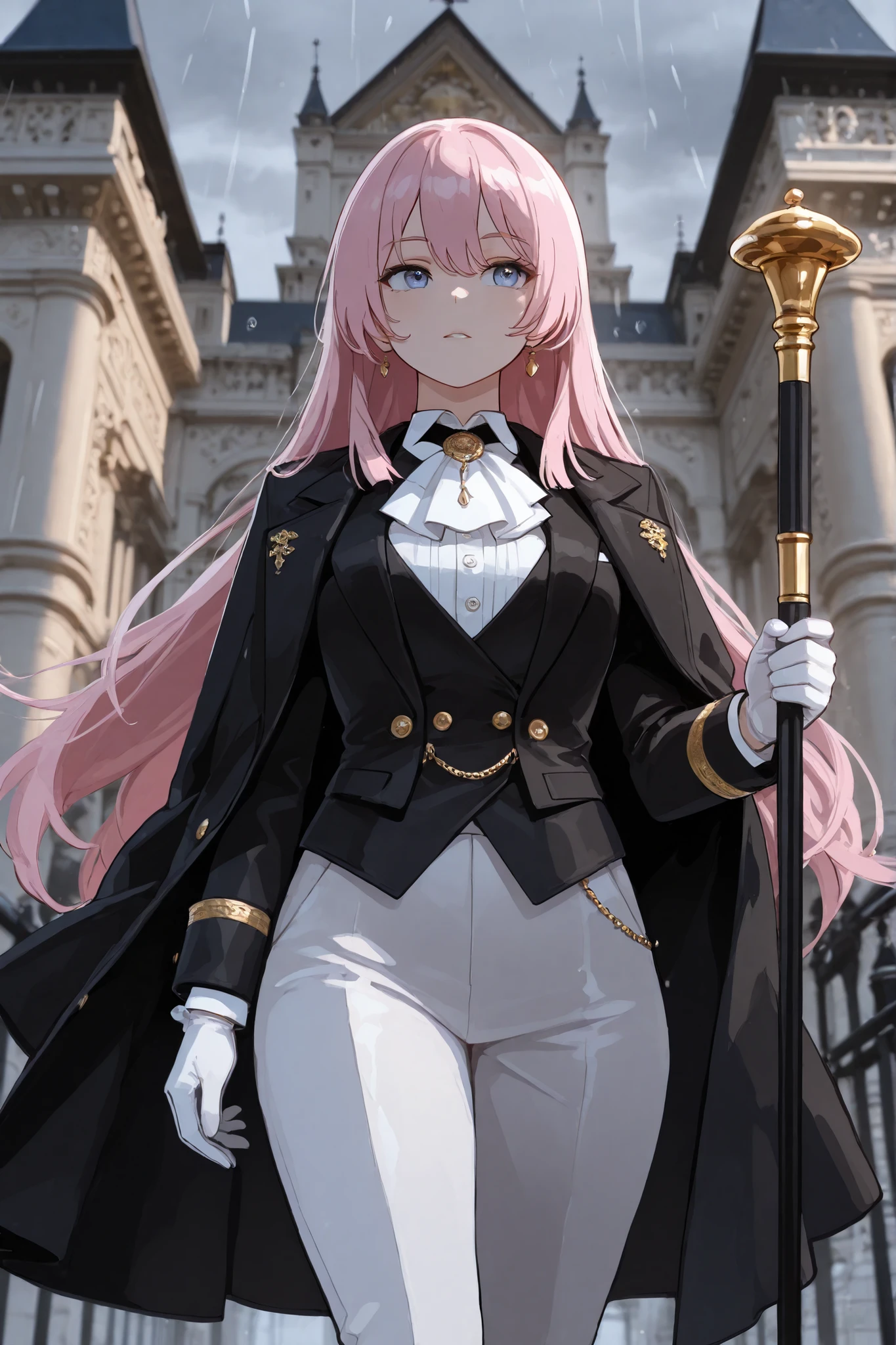 one girl,Mygo, chihaya_anon, pink hair,long hair,masterpiece, best quality, Amazing quality , Very aesthetic, high resolution, super details, soft, color, absurd, Latest Stunning, Half Body, Fine face , Beautiful Face, Wearing a black tuxedo with ivory waistcoat and bow tie,Black Wool High Rise Straight Leg Trousers, white leather gloves ,Holding an ebony walking stick with gold decoration, dynamic soft, cinematic soft, 19th Century London Background,Rainy night, Standing at the gate of Buckingham Palace,outdoor
(Large Digital Artwork), (Detail Cartoon illustration), (Detailed Script), (( perfectly anatomical structure)), ( Detail Complex :1.3), (Super detailed:1.3), ( illustration:1.3), ( focus:1.3), ( natural soft:1.05)