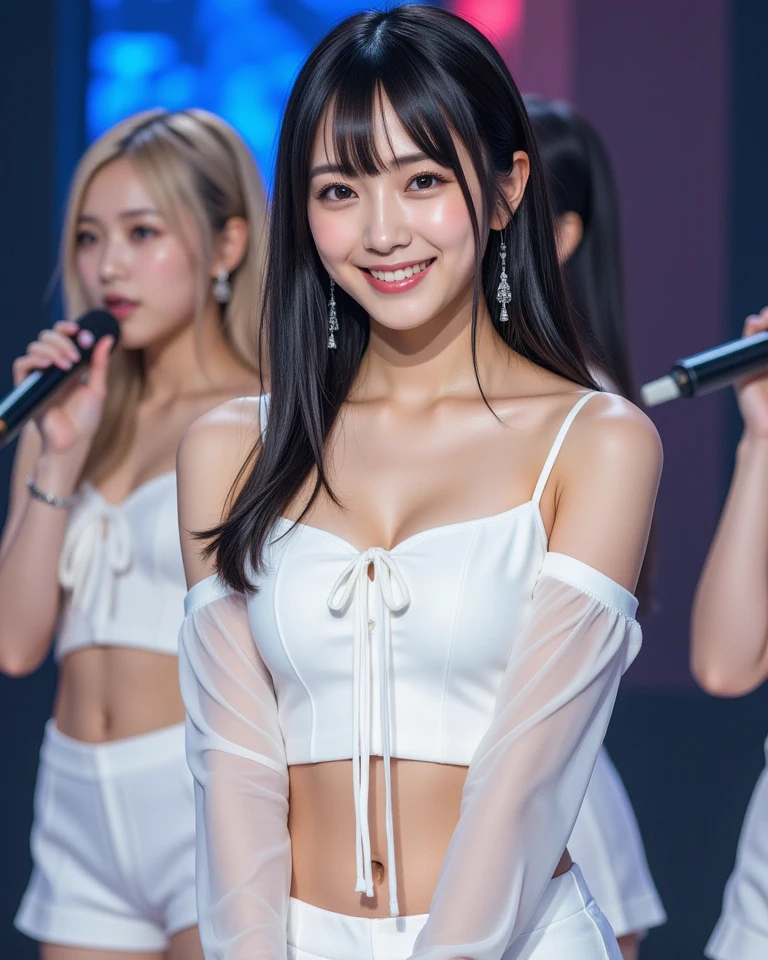 Chinese woman, Ningning, long cut, black hair, flat bangs hair, sexy woman, K-pop idol, Aespa K-pop, smiling, single woman, white strapless tube top, white short pants, white knee high boots
