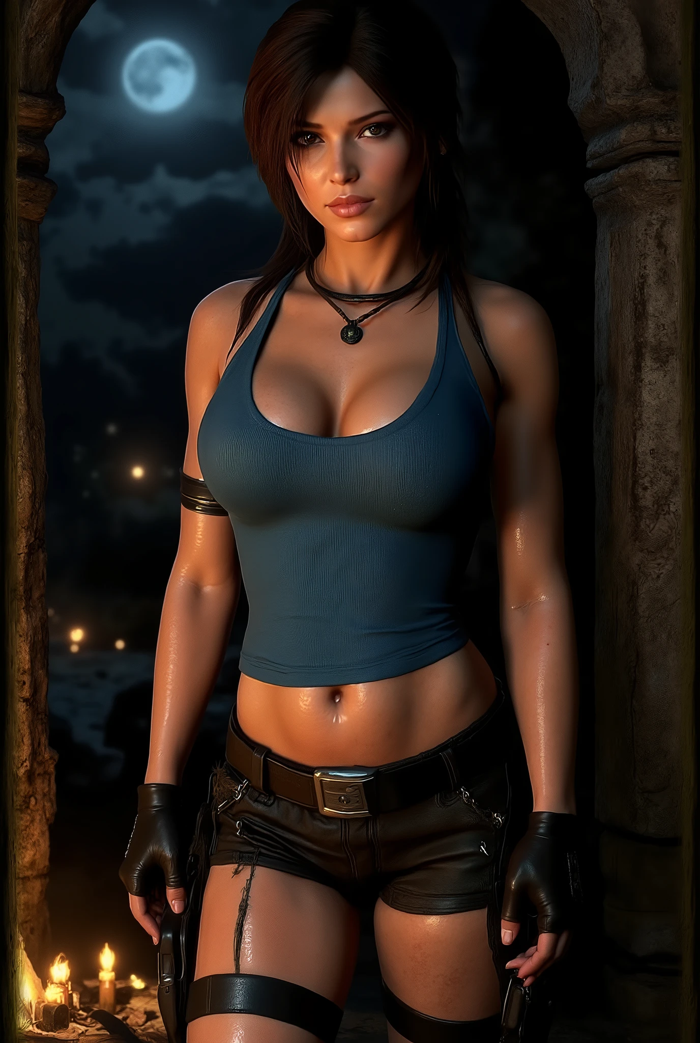 ((masterpiece)), ((best quality)), (detailed), duo sex, thrusting, vaginal sex, pussy, creampie, orgasim, juicy cock, dark beautiful lighting, perfect, luscious lips, Lara Croft with blue sleeveless shirt, shorts rolled to the top of thighs, boots, holsters, fingerless gloves, gorgeous boy, extremely feminine, bra, jewelry, brown hair, nsfw, full body, not safe for work, feminine body, thighs, curvy, sexy, complex detailed background, overgrown jungle temple at night, moonlight, stars, oiled up, beautiful legs, (((oiled collarbones))), (((oiled collarbones))), Beautiful face, Perfect face, Highly detailed beautiful face and eyes, Attractive face, Detailed face, Delicate facial features, Detailed skin