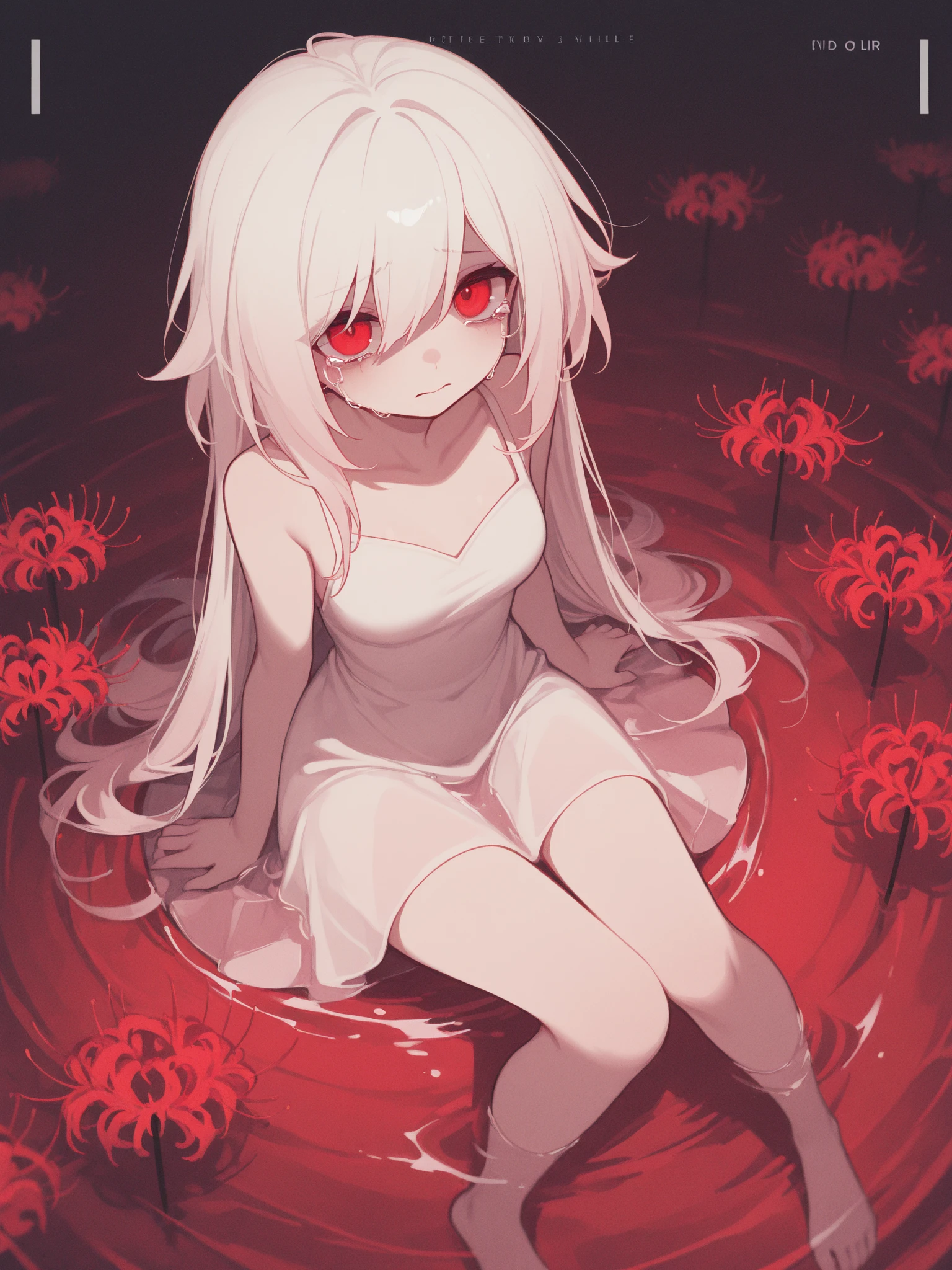 Loli, pale skin, sad face, cry, kneeing pose, very long multicolored hair, knife in hend, mantle, bare feet, dark forest, red flowers, focus on body, rainy weather, blood everywhere