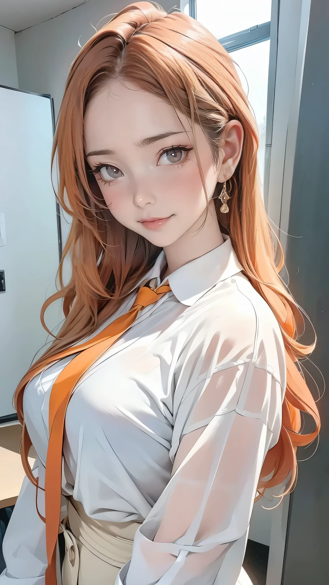 (from below:1.2),(1girl,ultra detailed skin,curvy,,beautiful breasts,large breasts,pale skin,pointy breasts,erect nipples),(Hyperrealist portrait,(8k),ultra-realistic,high detail,high resolution,best quality,masterpiece,Sense of presence,Dynamic,bold),(thin and soft hair:1.8),(straight hair),(Swept long bangs),(extra light coppery amber hair),(hair over one eye),(clothed:1.5,school uniform:1.5)