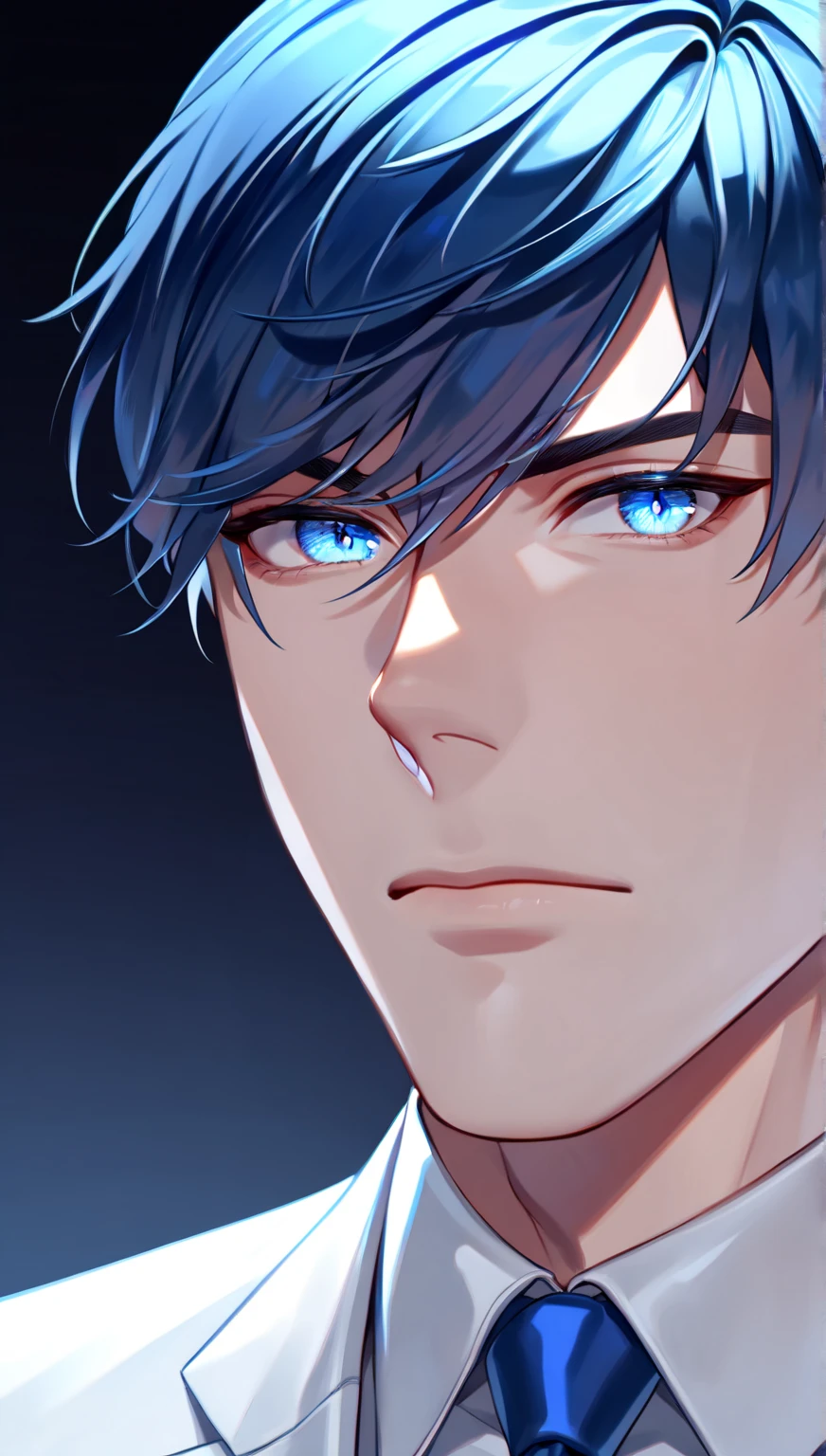 V0id3nergy, extremely delicate and beautiful, Amazing, finely detail, masterpiece, ultra-detailed, highres,best illustration, best shadow,intricate,sharp focus, high quality, 1 male solo, mature, handsome, tall muscular guy, broad shoulders, blue hair flowing with the wind, blue right eye, left eye is glowing yellow amber gold, dark night, standing, red splatters, red fractal effects background, moonlight, evil energy, angry, glowing yellow eye, fingerless gloves, ((portrait fase closeup))