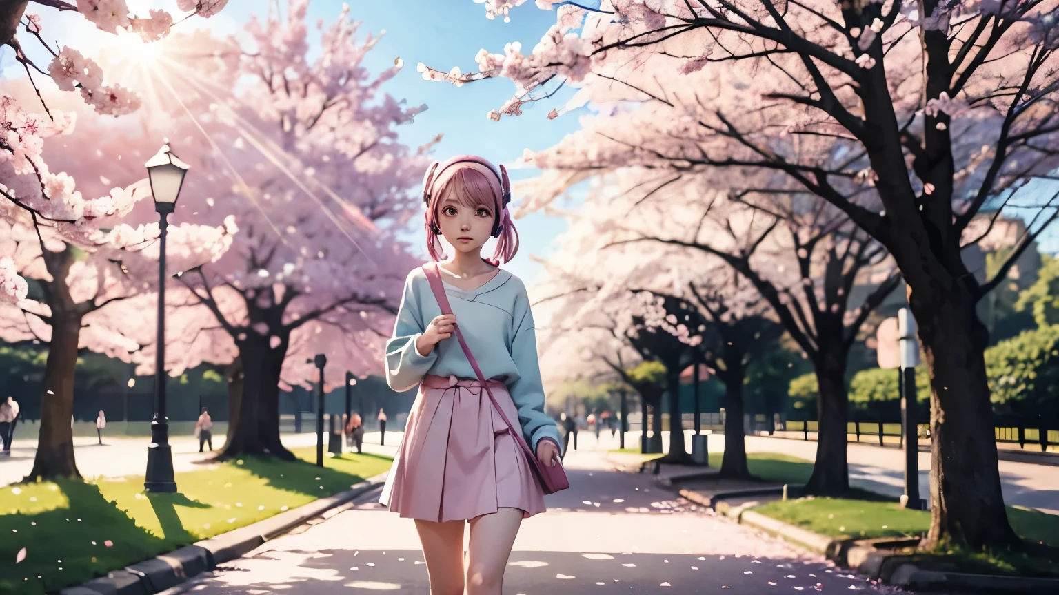 detailed face, cute face, masterpiece, highest quality, Super detailed, figure, Wide-angle, A girl is standing in the middle of the road, alone, The road in the middle and pink cherry blossom trees on the roadside, whole body, 20th Generation, Pink Hair, sweater, Short skirt, fashion,, composition, balance, Harmony, rhythm, color, Light, Shadow, reflection, refraction, tone, Contrast, prospect, Middle Way, background, Naturalistic, Figurative, Expressive.