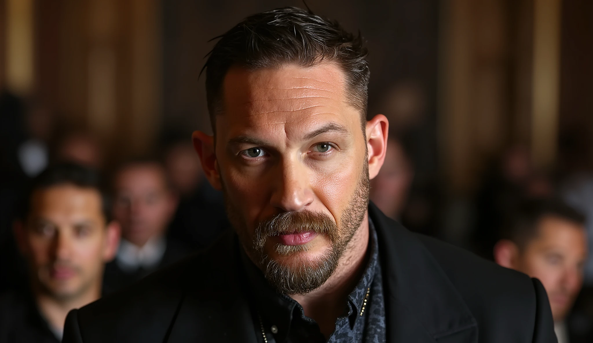 ultrarealismo . Maximum quality and detail. Picture of actor Tom Hardy, who is on the evening show, He has a serious expression on his face.