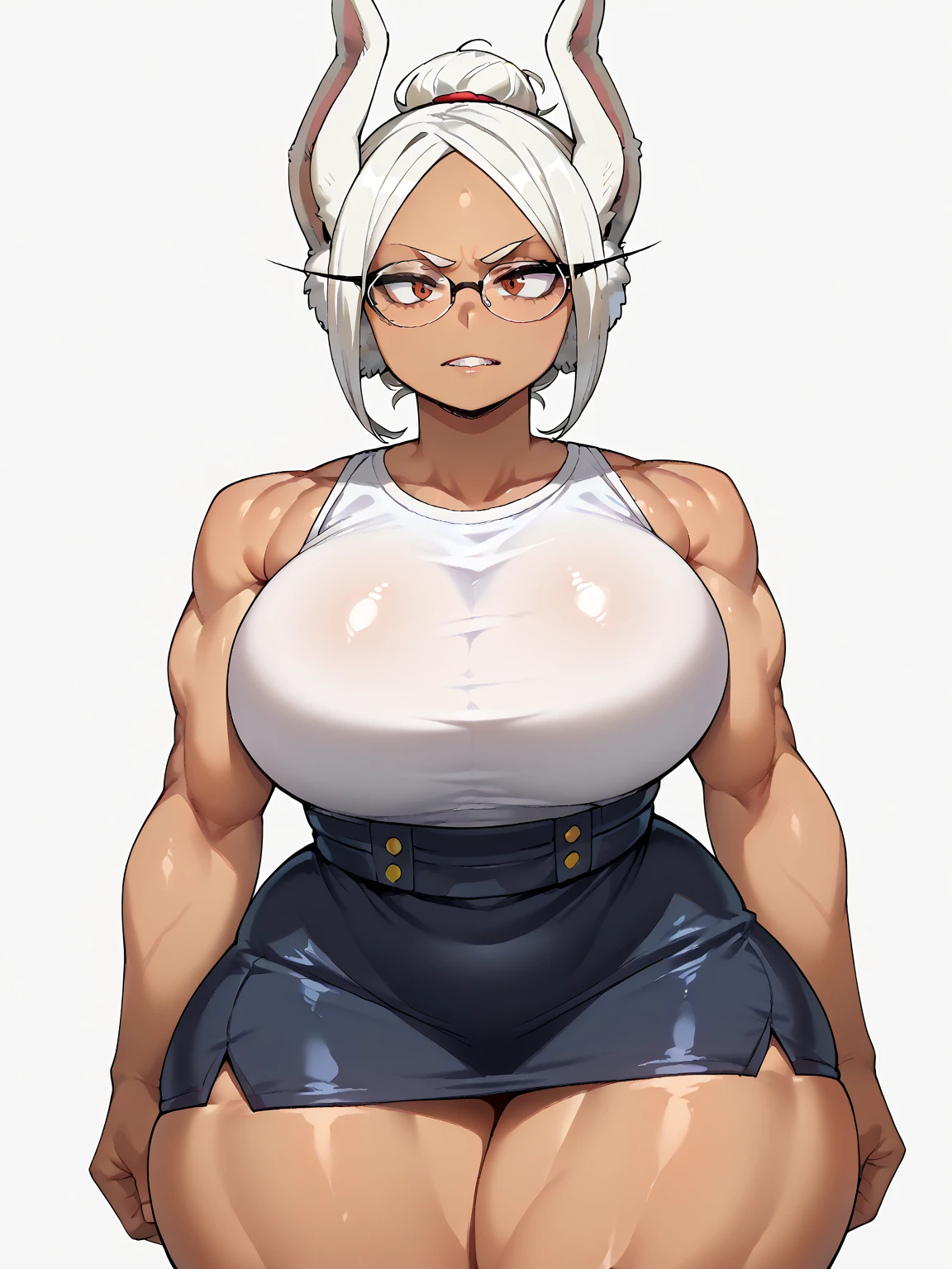masterpiece, best quality, ultra-detailed, illustration, colorful, flat color, depth of field, 1girl, battle bunny riven, 1girl, brown eyes, strapless leotard, pantyhose, rabbit ears, folded ponytail, silver hair, necktie, wrist cuffs, belt, large carrot beyond belt, anime, (closeup), simple background, short height, detailed skin texture, beautiful detailed face, whtie teeth, seductive grin, looking at viewer, alluring attire, collarbone, (huge breasts, curvy, chubby, belly), shortstack, shortstackBT