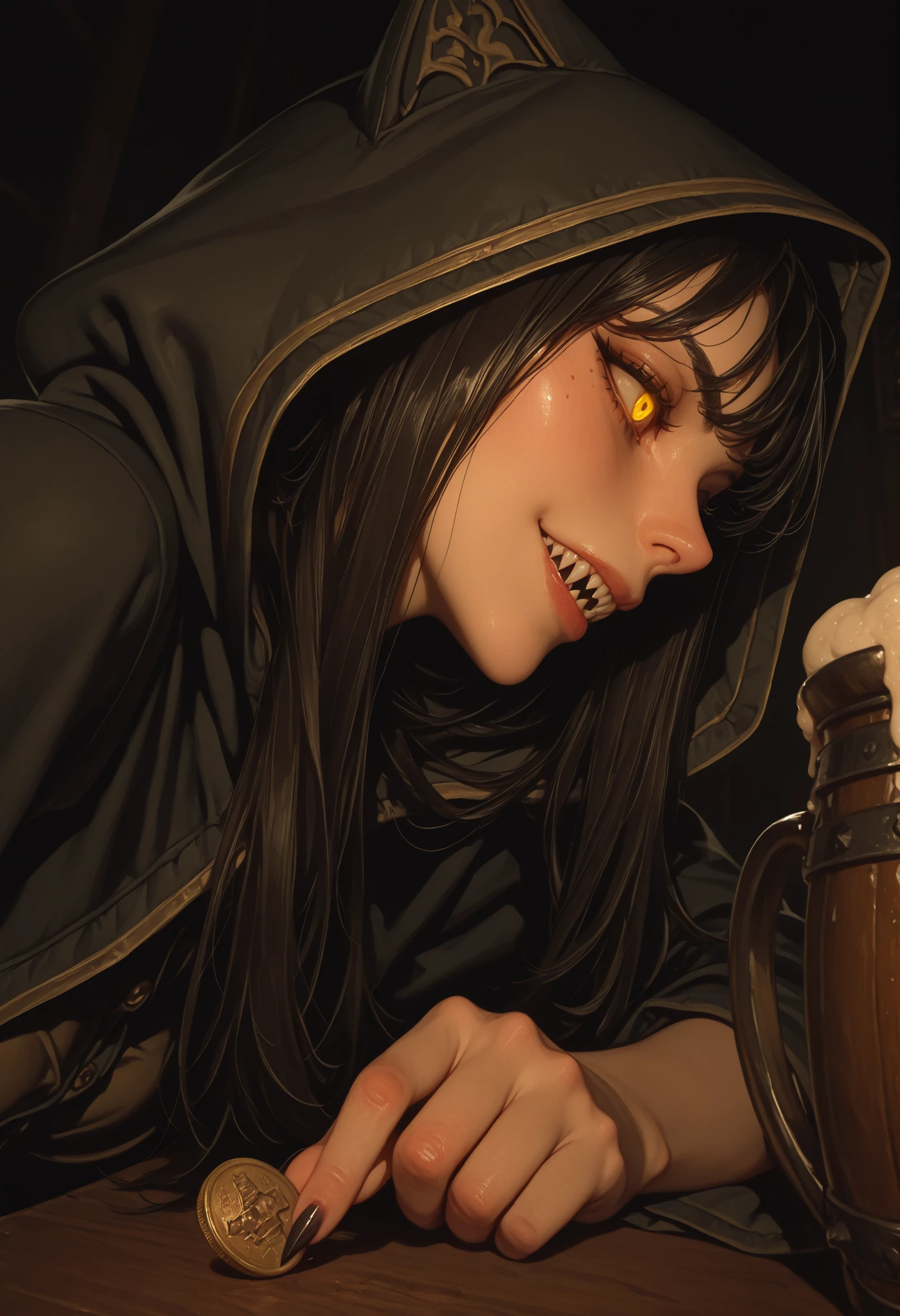 1 girl,sharp claws,elbow on the table,nails holding a coin,(Red eye) detailed feline in the foreground,glowing eye,sharp teeth,in profile,looking sideways,seen from below,beautiful face,pretty girl,model face,Looking at the Spectator,Arrogant expression,merchant,A man and a woman ,(a hooded man with yellow eyes),((face to face)),Beer jug on the table