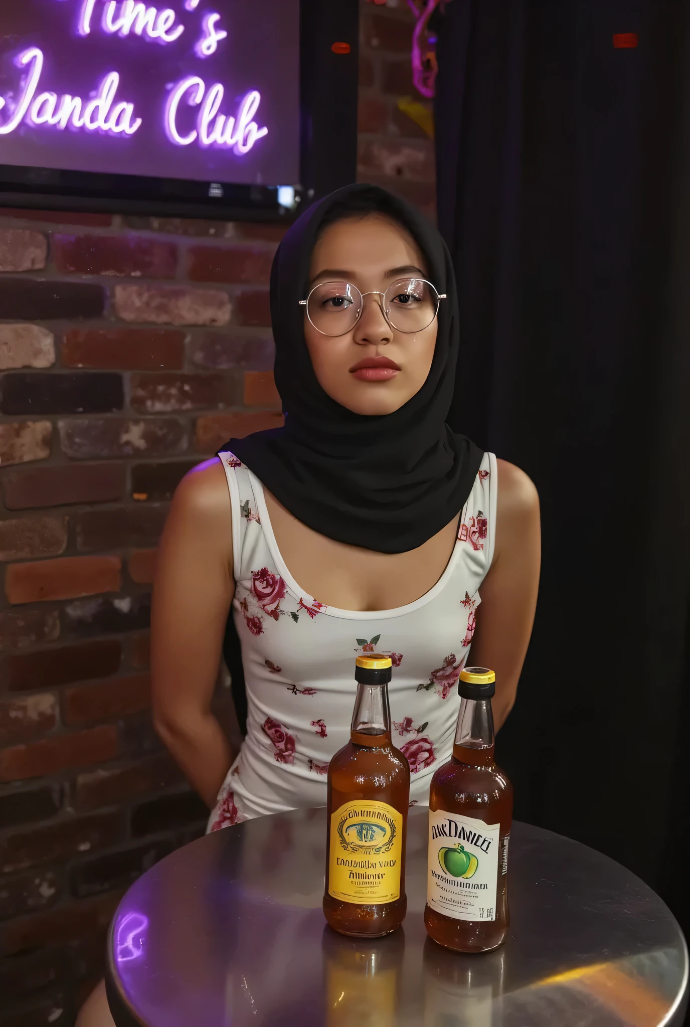 SKINNY SUPER OLD LADY, memakai kacamata rabun,  (Thighs and calves huge muscles), (((MOODY FACE EXPRESSION))), "Wearing Hijab perfectly",  wearing Scoop Neck Sleeveless White Bodysuits singlet swimsuit rose prints, (KEDUA BELAH TANGAN DILETAK LETAKKAN DIBELAKANG PUNGGUNG) PLEASE DON'T PUT ANYTHING ROPE!!!,
   THIN SKINNY HIJAB INDO MALAY Jumbo (Singlet ), 1 girl,  'MOODY FACE EXPRESSION', Half body portrait, (face details: 1), (Eye details: 1), ((Big breasts)). ultra high res. realistic: 1.4, UHD, (((dark background))),  Background worn old brick wall, round Signboard 'Time's Janda Club's neon light at wall, Sitting on a round table stainless steel A two Bottle of Whiskey 'Jack Daniels and two green apple' Above it