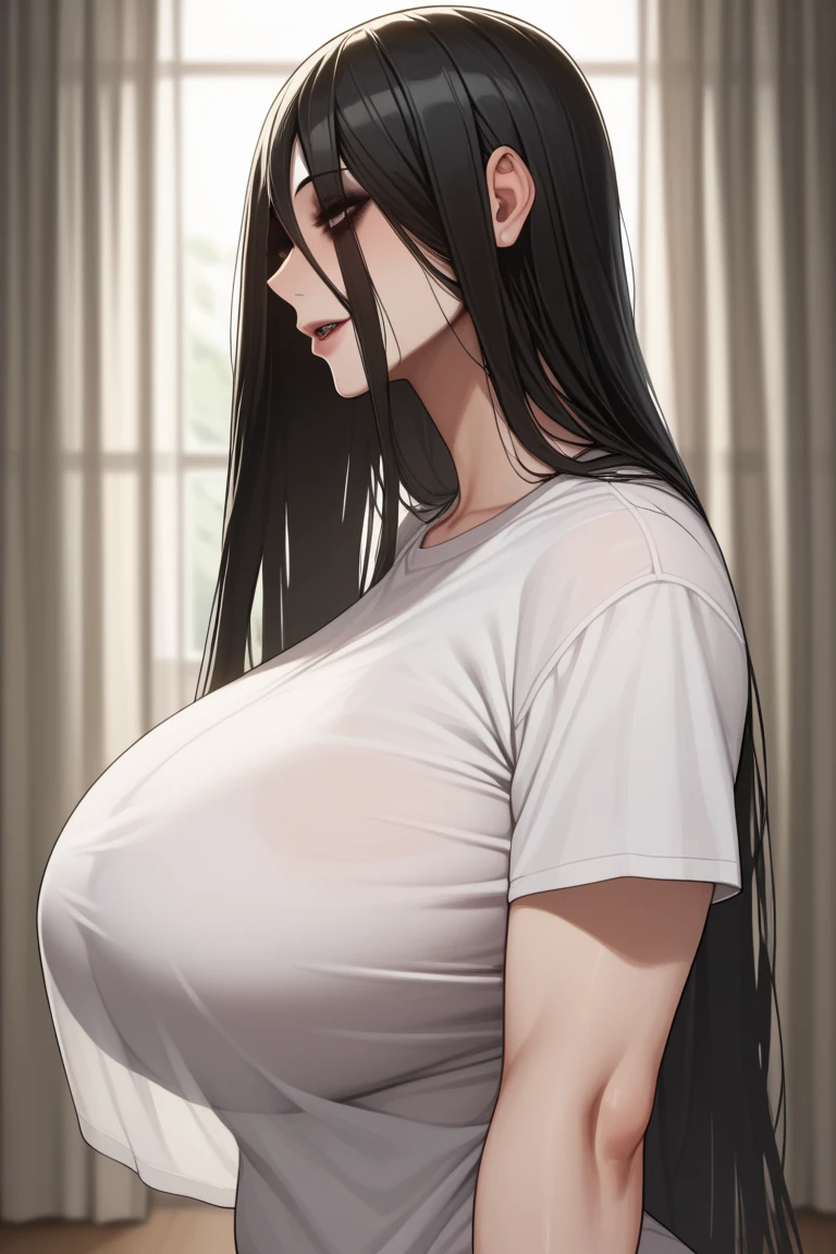 Cute , mature women, chubby cheek,realistic skin ,realistic breast, saggy breast, nipple out,muted colours, cold lighting, pale white skin, mature women,black hair, long hair, (hair over one eye:1.4), Messy hair,straight hair,hair between eyes ,sleepy eyes ,beautiful,pucker lips,charm,pubic hair pussy,dense pubic hair, cute shy blush on