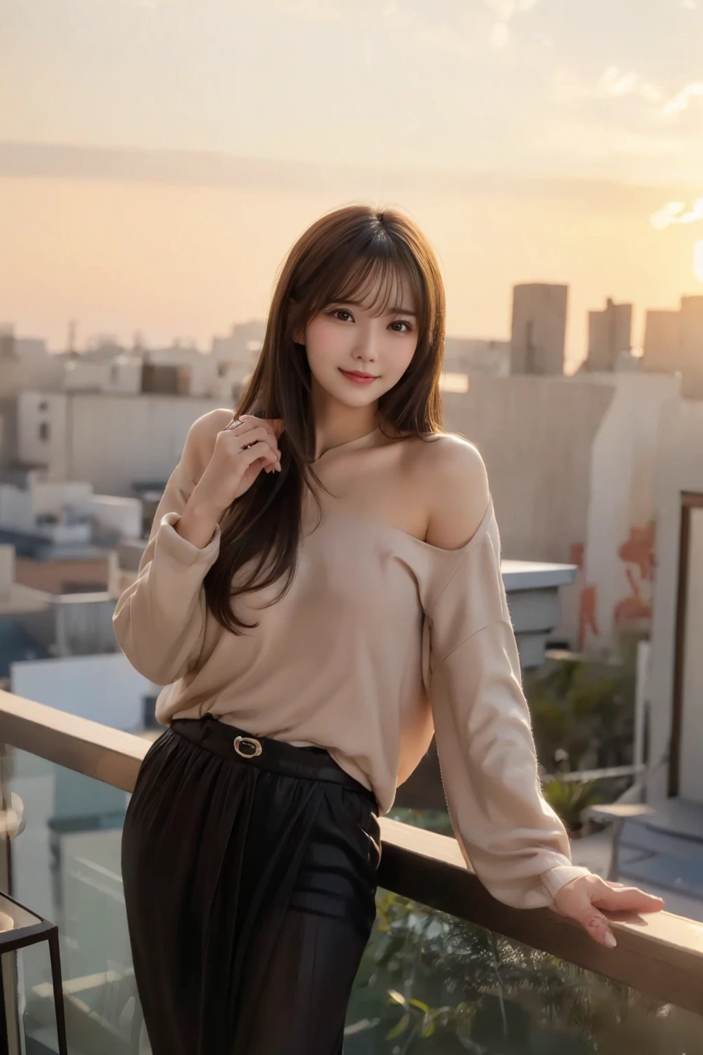 1 beautiful girl, sad girl, sitting by the window, long hair, beautiful face without blemishes, rosy face, earrings, brown eyes, thin eyebrows, most thorough makeup is eyelashes, red lips, lips petite, graceful smile, The breasts are full and round, slim waist, big butt, long legs, wearing white sweater, black mesh stockings, long hair, one afternoon, sunset is fading, sky color orange, clear sunset background image, sad girl, sitting by the window, 1 afternoon, sunset is fading, sky is orange, detailed sunset background image, quality best image quality, 8k quality, 4x scale, real girl, girl portrait sitting by the window, artwork, upper body half,