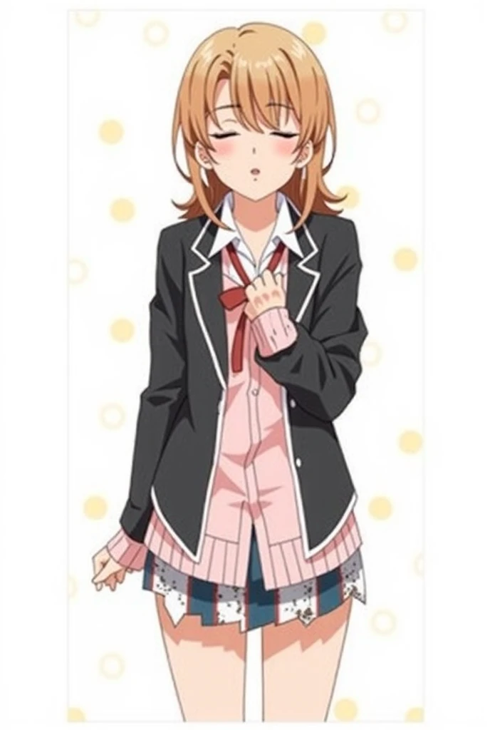 masterpiece, high quality, best quality, high resolution, 4k, high definition, beautiful lighting, highly detailed face, well drawn hands, well drawn legs, well drawn feet, (((well drawn eyes))),1girl, short hair, yellow hair, iroha, sobu high school uniform, black blazer, pink shirt, red ribbon, plaid skirt, lifting up skirt, smiling, red lines, under eyes, pink fishnet panties ,thick thighs, unbuttoned shirt, cleavage, wet shirt, see through shirt, pink lips, closed mouth, standing,<lora:Isshiki_Iroha-01:1>