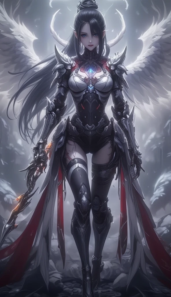 A woman in a futuristic outfit，There are wings and swords, angel knight girl, Armor Girl, girl in mecha cyber armor, knights of zodiac girl, Mechanized Valkyrie girl, anime fantasy artwork, Female action anime girl, beautiful cyborg angel girl, Portrait Chevaliers du Zodiaque Fille, Anime fantasy illustration, as a mystical valkyrie, Anime fantasy artwork