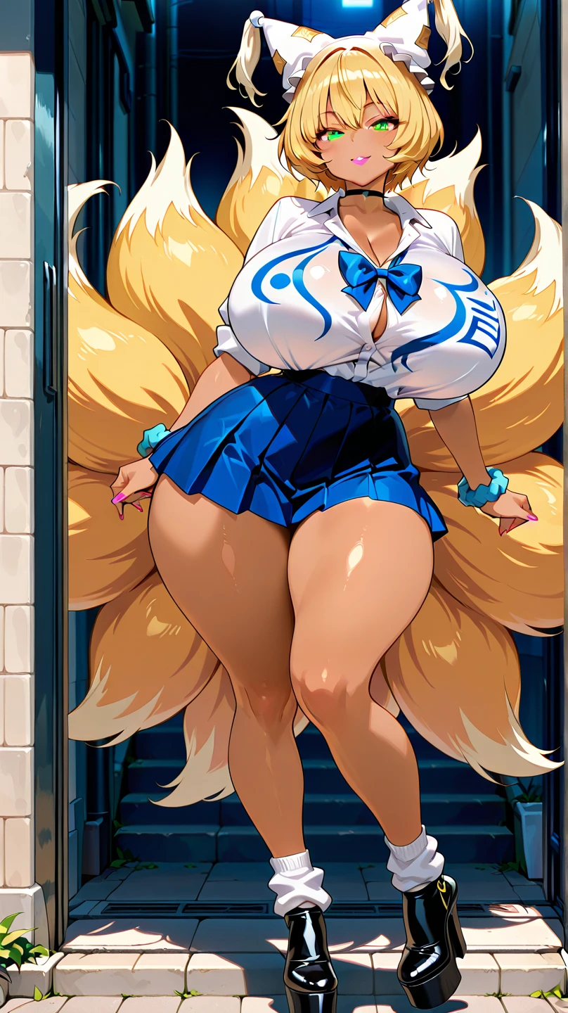 score_9, score_8_superior, score_7_superior, indoor, Black background room,
Break Source_anime,
Break 1 Girl, Cure Peace, ponytail, Yellow Hair, Choose large nipples, Huge breasts, Happy, Voice of the Heart,
Yellow Magical Girl, belly button, Wing hair ornament, Crop top, Ruffled wrist cuffs, Frilled Skirt, Knee socks, String, Animal Collars, Audience holding leash,
expensive, Long legs, Glowing Skin, Oily skin, Shiny skin, heavy breinhing, Wide Hips, Tight waist, Thick thighs,
Contrasting,
Looking_in_Audience,