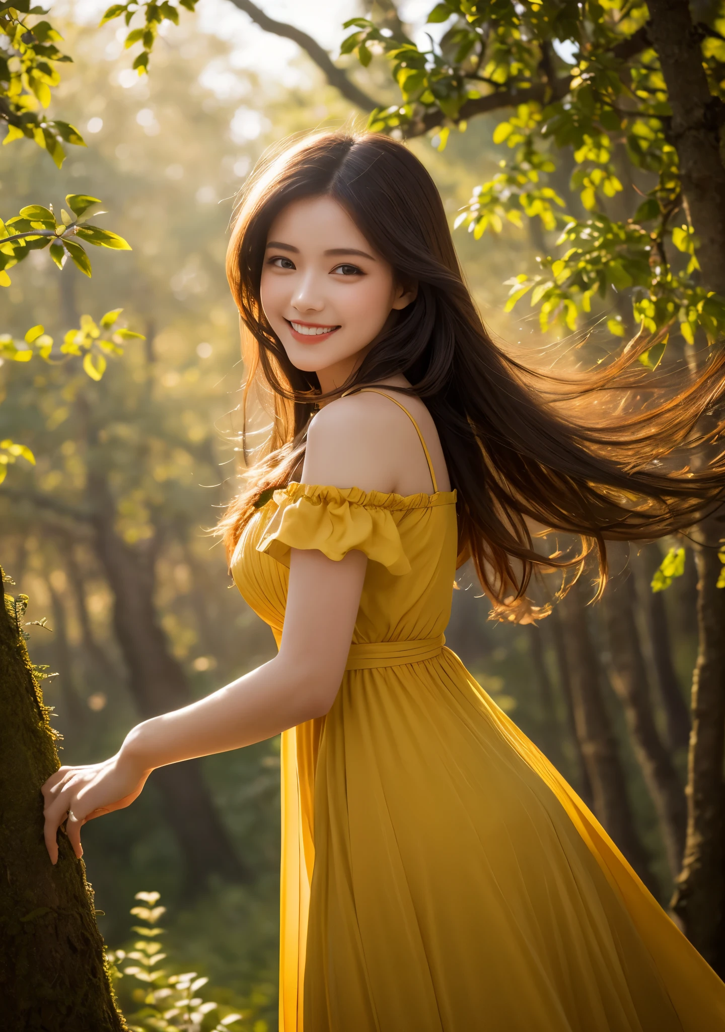 in woods、forest fae、​masterpiece、top-quality、独奏、(paler:1.04)、(Curta:1.15)And(Curvaceous)femele(flawless skin:1.11)And(teats:1.1)、A smile、full body Esbian、Beautiful standing figure、high angle and(Green dress)、((Near and far law:0.6)Green dress)、(face perfect:1.1)with an intricate(high detal:1.1)Body、covering the navel、hiding breast、covers、eyes up、s lips、wings grow on the back,、Gorgeous brown long wavy hair、photographed by lee jeffries nikon d850 film stock photograph 4 kodak portra 400 camera f1.6 lenses Rich colors Ultra-realistic textures Dramatic lighting Art Station Cinestar 800 Unreal Engine Trends