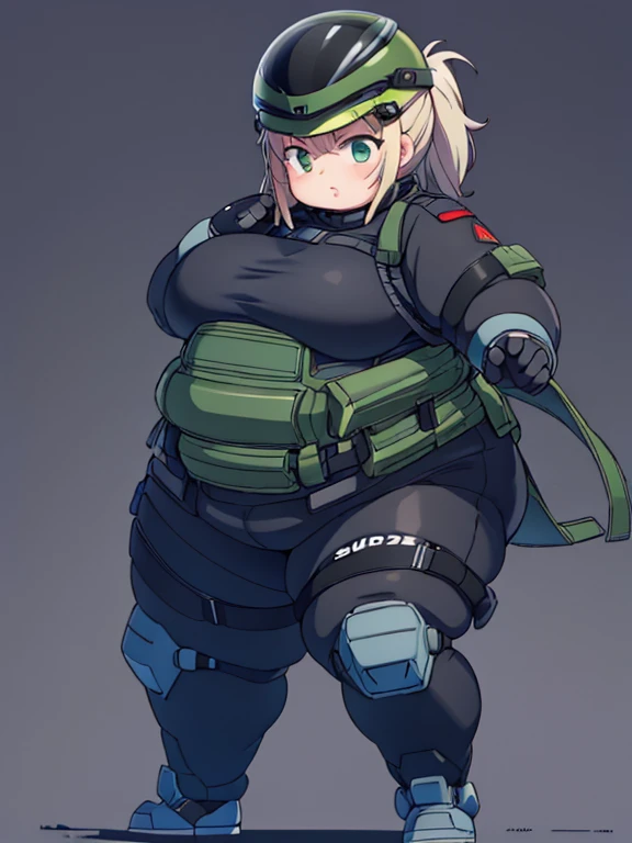 Obese tactical girl, (bodysuit): 1.4, fat rolls, short dark blond hair, (hair bun): 1.2, ahoge, solid white bodysuit, brown eyes, pudgy, very chubby, standing poised, BREAK grey flat background