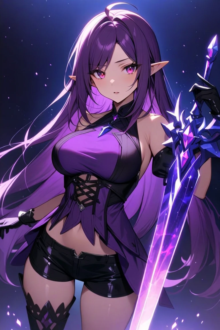 high resolution:1.7, incredibly absurdres, kawaii:1, cute:1.5, hires.fix, anime visual:1, incredibly fine illustration,8k,masterpiece:1.2,best quality, high quality, exquisite, beautiful, insanely detailed, intricate detailed, extremely detailed, Super Definition, ultra high res, Super Resolution, best aesthetic, ultra detailed:1.5, best quality, perfect face, detailed face, masterpiece:1.2, illustration:1.2, 8k cg wallpaper, stunning art,absurdres,octane render,ultra hires,cute elf,(((little mature woman))),((anime elf with extremely cute and beautiful black hair)),straight long black hair,colored inner hair,ear breathing,((purple_eyes:1.3))),intricate eyes,beautiful detailed eyes,symmetrical eyes,(((fair skin,lustrous skin,bright skin,shiny body,plastic glitter skin,exaggerated shiny skin,illuminated skin))),(detailed body,(detailed face)),voluptuous, detailed lips and eyes, expressive face, (attractive appearance:1.5), cute,daring, (((very long black tunic,show skin,(sideboob),purple theme, black theme))),gold jewelry, (Japanese clothes),kimono,ninja, (kunoichi uniform), (gauntlet:1.2), (greave:1.2), (gaiter:1.2), (purple flame:1.5), (red fire:1.5), (holding white flame sword:1.5), (holding blue energy sword:1.3), (swing a red flame sword:1.3),battle,fight,(action pose: 1.4),(vengeful spirit come's attack), (vs vengeful spirit)