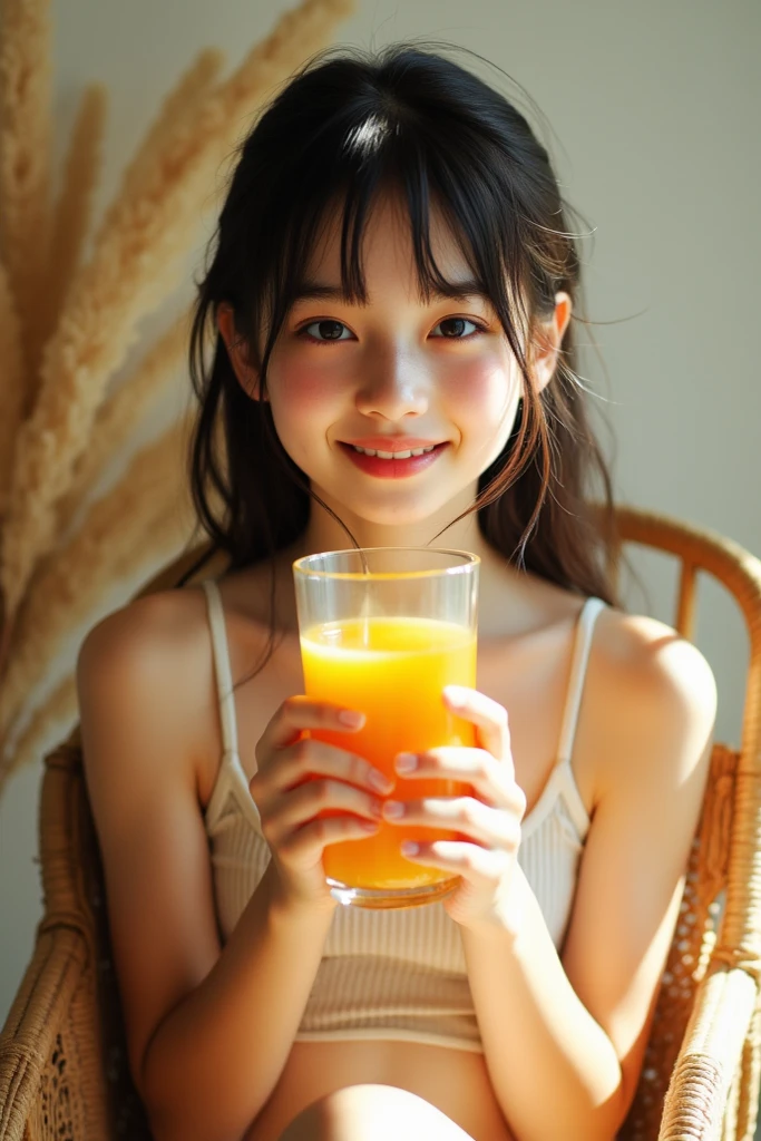 A young woman with a cute face like an idol who looks just 15 years old.。Gentle and cute。Please smile kindly。She is completely naked、Bust is a little large She is drinking orange juice on the sofa, looking as cute as a . Raw photo real genuine real life No copyright notice
