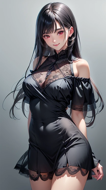 Cute girl with long dark grey hair,(Black lace jumpsuit:1.2),blush,Shiny skin,Large breasts,Black tights,Dark blue eyes