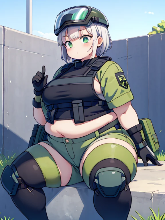 Chubby tactical swat girl, (bodysuit): 1.4, fat rolls, short hair, green eyes, pudgy, (holding pistol):1.3, (swat helmet):1.3, extremely chubby, standing poised, BREAK plain white flat background,