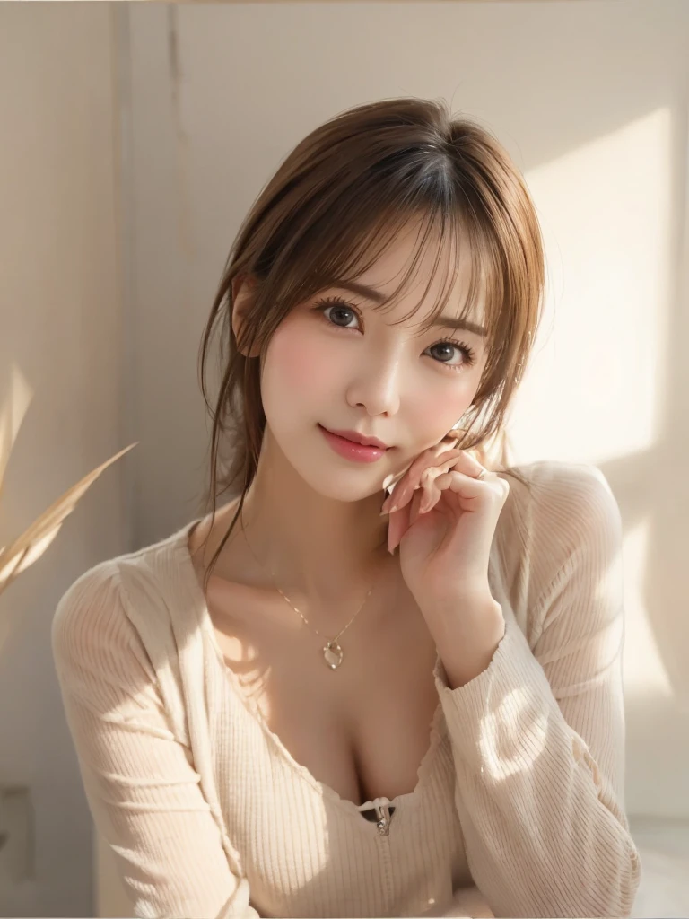 8k, Ultra-high resolution, Highest quality, masterpiece, 三分割法によるphotograph,Surreal, photograph, 1 , (:1.3), cute, cute顔, 細部までBeautiful Eyes, 細かくdetailedに,masterpiece,One Girl:1.2,Japanese women,Young Wife,cowboy shot,smile,Black Short hair,Swept bangs,(Collared shirt:1.3),cardigan,Pencil Skirt,Brick wall background,woman leaning against the wall,Arrival of spring,(Beautiful attention to detail),Subtle details, detailedな顔, smile,attractive,(のポートレートphotograph:1.4),(Photorealistic images:1.4),Fantasy art,(Beautiful Face:1.4),美しくattractive目、Beautiful Eyes、(Tight waist:1.4)、(Beautiful with perfect body proportions:1.4),Pink Lips,Looking at the audience,(((Ideal body type))),A-cup small breasts :2,、Portraiture:2、Perfect Anatomy、鮮明なdetailed、detailed,Fashion magazine cover,Thin lips,完璧でBeautiful Face ,完璧でcute顔, Skin with attention to detail, Perfect limbs、Narrow waist,Surreal,Light and shadow,sunbeam