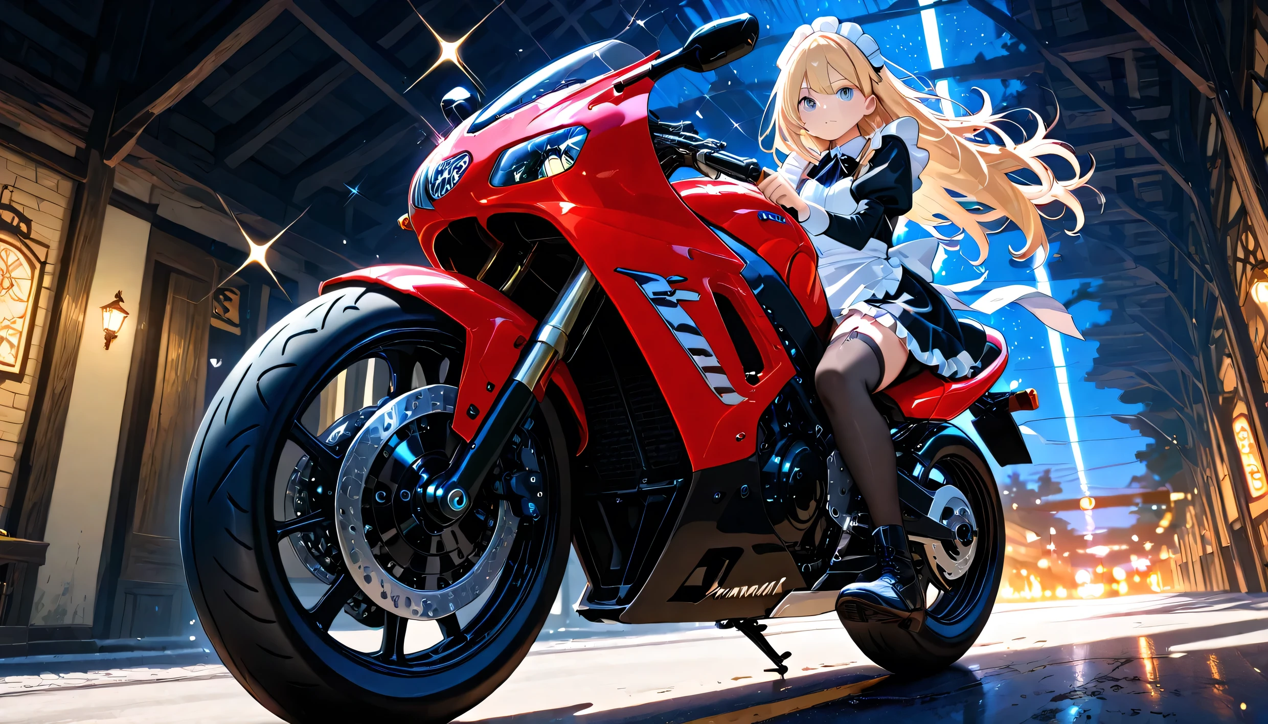 (((Best quality, 8k, Masterpiece: 1.3)), ((best quality)), ((masterpiece)), (detailed), perfect face, detailed face. detailed eyes, A maid girl, blonde hair, long hair, messy hair, ray tracing, sparkle, A maid costume with frills, high resolution, Textured skin, anime style, A maid riding a motorcycle, a maid driving a motorcycle, A motorcycle racer leaning her body to take a corner, Knee-high stockings, YAMAHA R1, (midnight highway), moonlight, from below