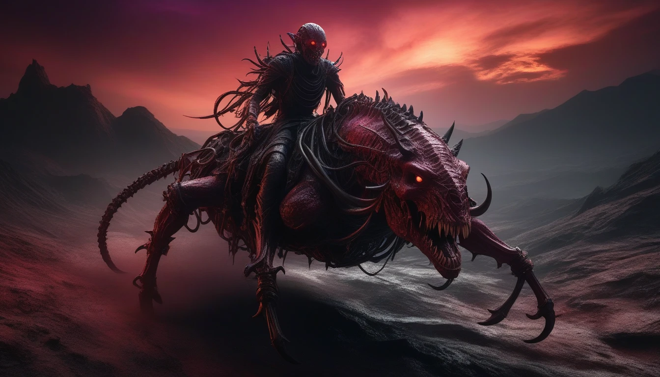 (a hellish biomechanical humanoid) riding on a hell-spawned mount, abyssal, biomechanical, demonic, hell, painfull, fear, terror, horror, dark, highly detailed 8K, photorealistic, dramatic lighting, dark fantasy, gloomy atmosphere, mounted, cracked and barren ground, twisted body wth flesh and mechanical parts, ominous shadows, blood red sky, haunting, HDR, physically-based rendering, cinematic, moody colors, reds, blacks, purples, browns.
