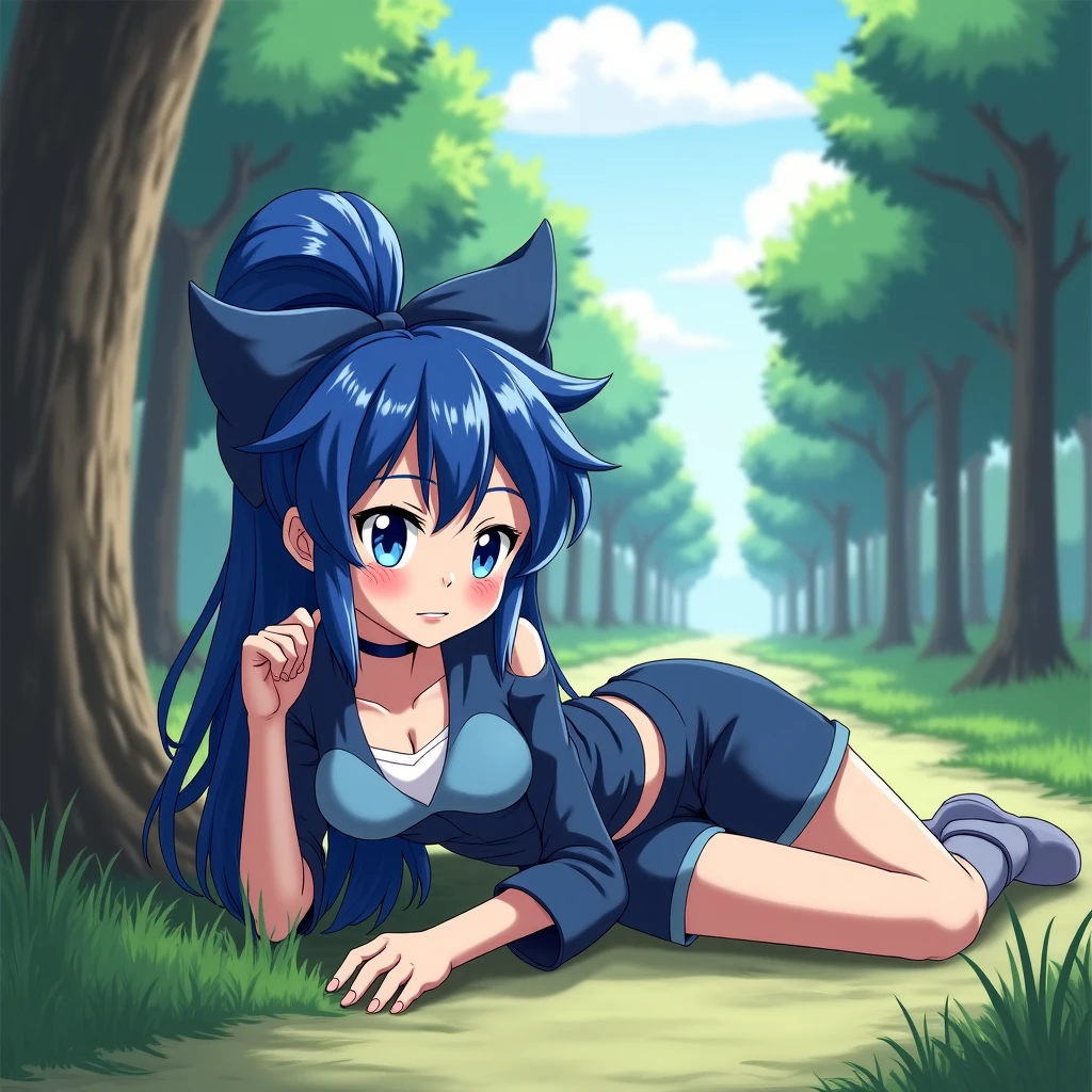 ((best quality)), ((highly detailed)), masterpiece, (detailed eyes, deep eyes), (1girl), full body, <lora:ZoneTan:1>, Zone-Tan, purple hair, medium hair, spiral pony tail, blue eyes, mischievous smile, skull hair ornament, cross-laced clothes, daisy dukes, ((tentacles)), detailed background