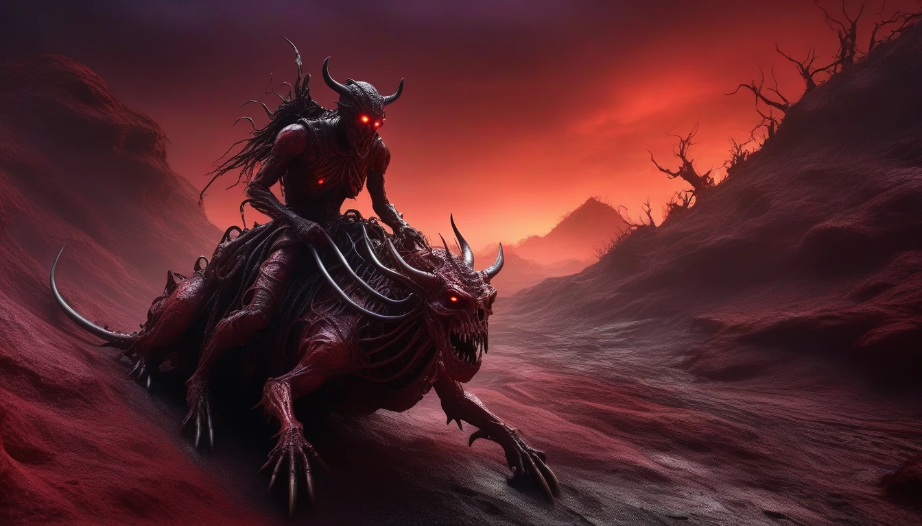 (a hellish biomechanical humanoid) riding on a hell-spawned mount, abyssal, biomechanical, demonic, hell, painfull, fear, terror, horror, dark, highly detailed 8K, photorealistic, dramatic lighting, dark fantasy, gloomy atmosphere, mounted, cracked and barren ground, twisted body wth flesh and mechanical parts, ominous shadows, blood red sky, haunting, HDR, physically-based rendering, cinematic, moody colors, reds, blacks, purples, browns.
