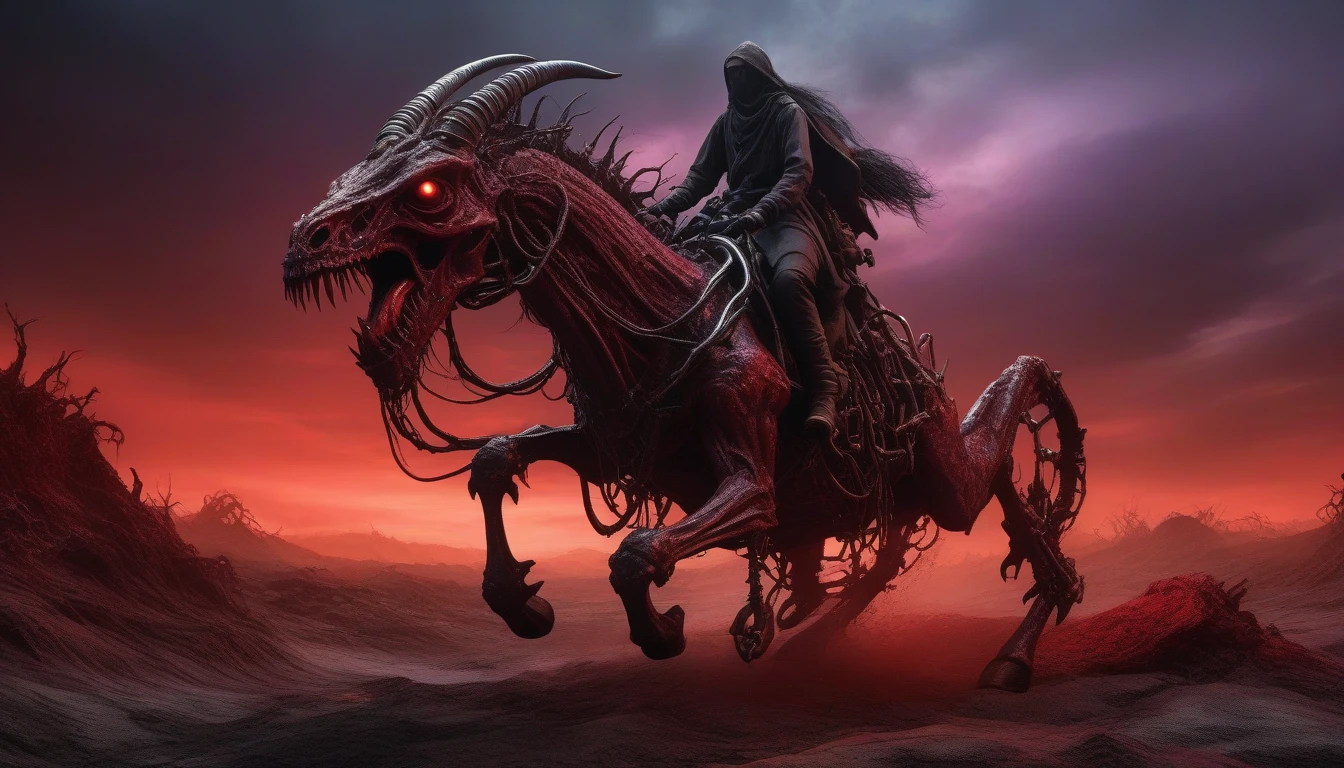 (a hellish biomechanical humanoid) riding on a hell-spawned mount, abyssal, biomechanical, demonic, hell, painfull, fear, terror, horror, dark, highly detailed 8K, photorealistic, dramatic lighting, dark fantasy, gloomy atmosphere, mounted, cracked and barren ground, twisted body wth flesh and mechanical parts, ominous shadows, blood red sky, haunting, HDR, physically-based rendering, cinematic, moody colors, reds, blacks, purples, browns.

