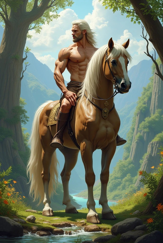 a handsome man riding on a female centaur,