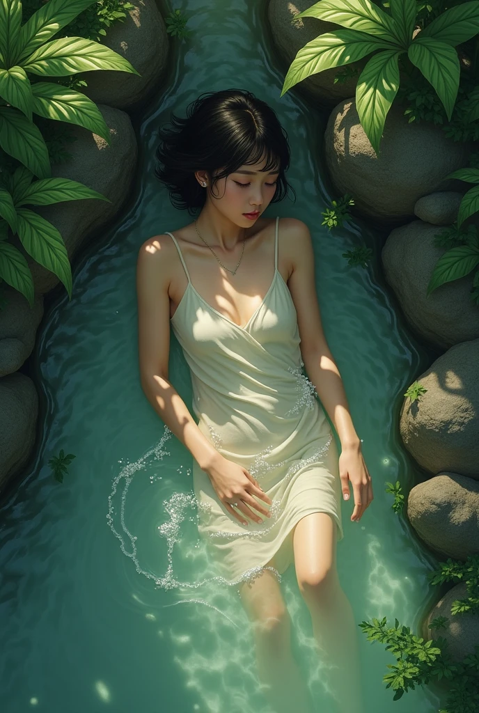 a woman in green dress is in the water by the edge, in the style of chinese cultural themes, soft, romantic scenes, delicate flora depictions, associated press photo, airbrush art, dark orange and light azure, canon af35m