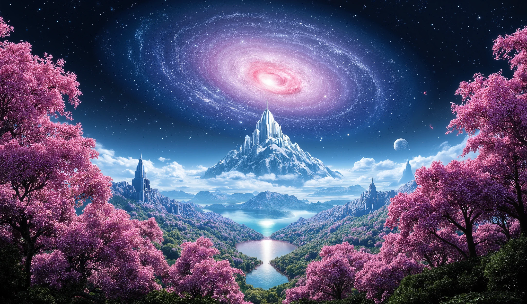 there is an image of a beautiful landscape with a giant spiral galaxy, impressive fantasy 3D rendering, a heavenly city in the heavens, a large ocean, a large forest of cherry blossoms, a lot of clouds everywhere, a spiral galaxy in the sky and stars, a very detailed heavenly city, beautiful cherry blossom forest of stunning color, clouds all over the landscape, a beautiful planet , wallpaper, 4k, HD, detailed, 8K, Background, arte digital 4k altamente detailed, renderizado octane de 8K estilo fantasía,