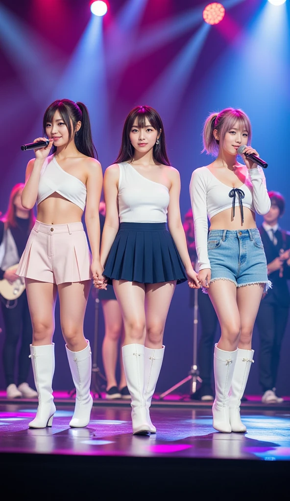 Highly detailed CG Unity 8k wallpaper、Highest quality、Ultra-detailed、masterpiece、Realistic、Photo realistic、A cute girl drawn in great detail、20-year-old、(Skirt rip)、(Roll up the skirt yourself))、White panties、Panty Focus、blush、Lips parted、Looking at the audience、Semi Body Shot、JAPANESE IDOL OUTFIT、stage、Showing panties、One beautiful girl