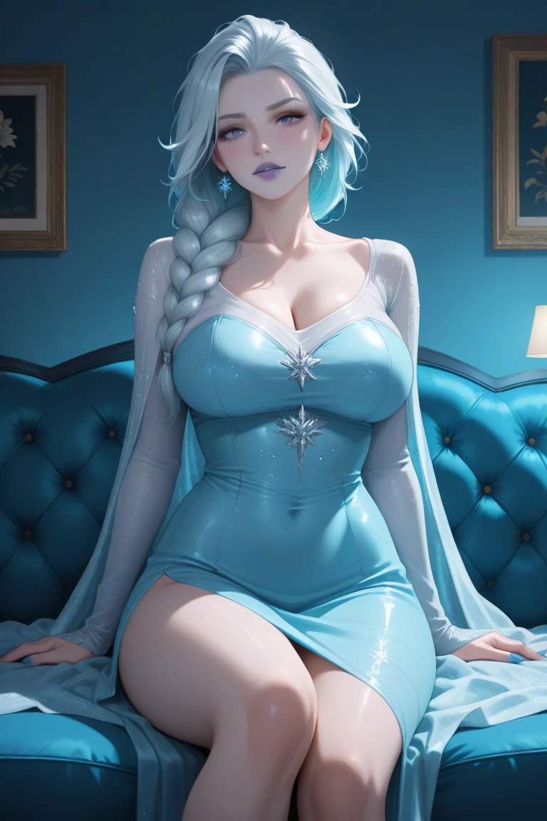 Elsa de la reine des neiges, dans la chambre, nue portant juste une chemise trop large, avec un café à la main. Pose sexy. POV blowjob