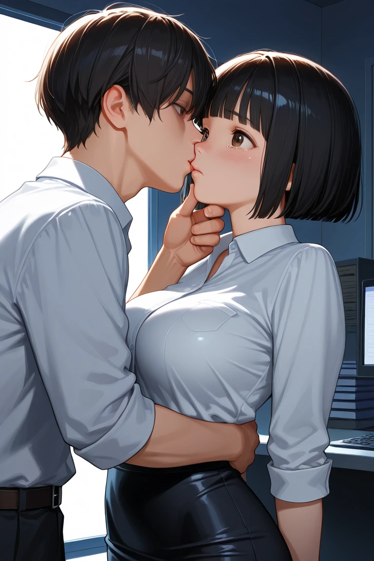 Browsing Caution, Lower body zoom、Woman giving a ,((Flat Chest)), ((Small breastsy detailed, High resolution, (Actual, Realistically: 1.4), 8k, RAW Photos, (Highest quality),rendering,Black hair half-up、Thick pubic hair、,Highest quality , Detailed CG, Two limbs , Optimal ratio , My cheeks feel hot , office , Facial expression when orgasm is reacalistic expression、mini skirt、black tights、Sucking penis