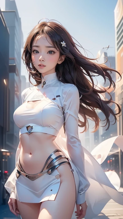 Gray white desert ruins, petite black-haired girl, wearing white religious clothing, clothes wrapped only the whole body of the face and hands and feet, soft cyberpunk style, her clothes like a broken ghost costume, cyberpunk dress, white tattered cape fluttering in the wind, elegant movie pose, movie goddess lens, with characters as the core, straight eyes.