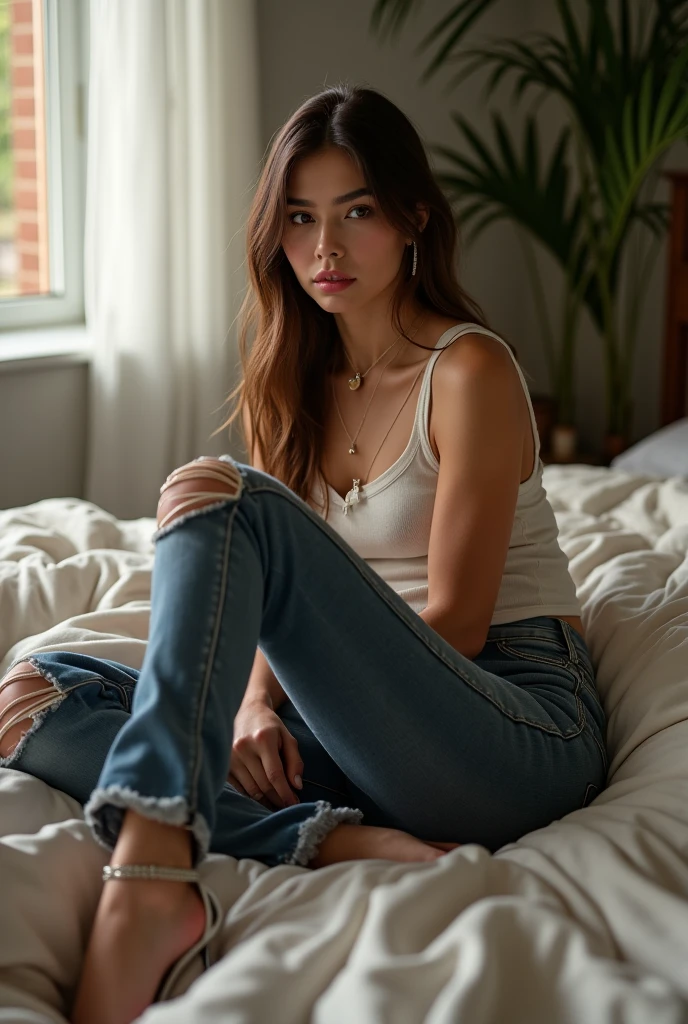 uma mulher, com cabelos longos em jeans, sitting on a sofa, no estilo do realismo dos desenhos animados, I can't believe how beautiful it is, bonito e sonhador, Disney Animation, hiper-detalhe realista, warmcore --ar 73:105 --Stylize 750 --v 6