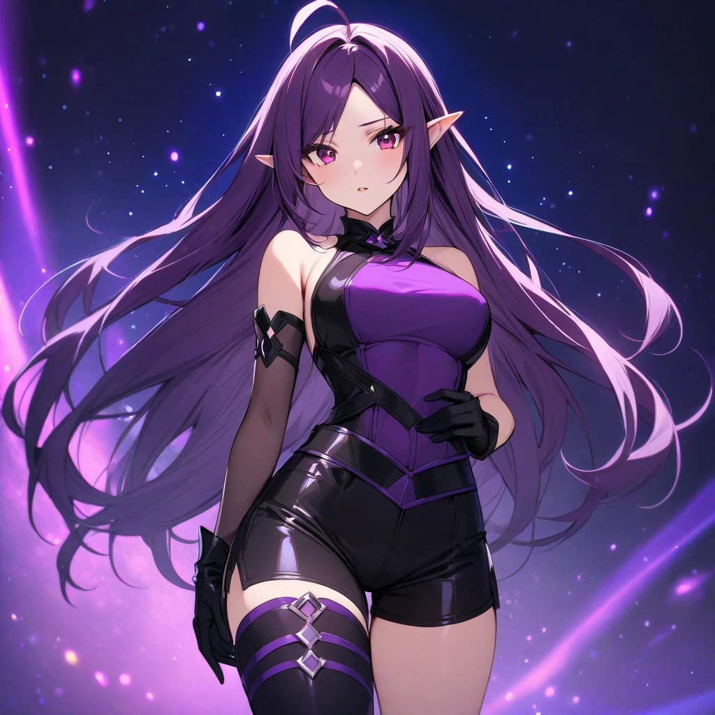 female, black hair, wolf ears, wolf tail, silver eyes, black and purple full body cyberpunk suit, fur trim, cleavage, magenta trim, futuristic gloves, futuristic boots