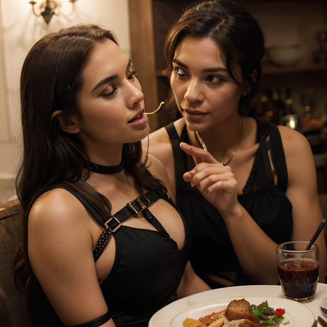 Close up, from above, two girls at a candle lit dinner, focus on faces, looking across table, nina dobrev, dark room, big eyes, full lips, eyeliner wings, eye shadow, lip stick, ear ring hoops, lace choker, cleavage, begging look, leaning forward, touching,