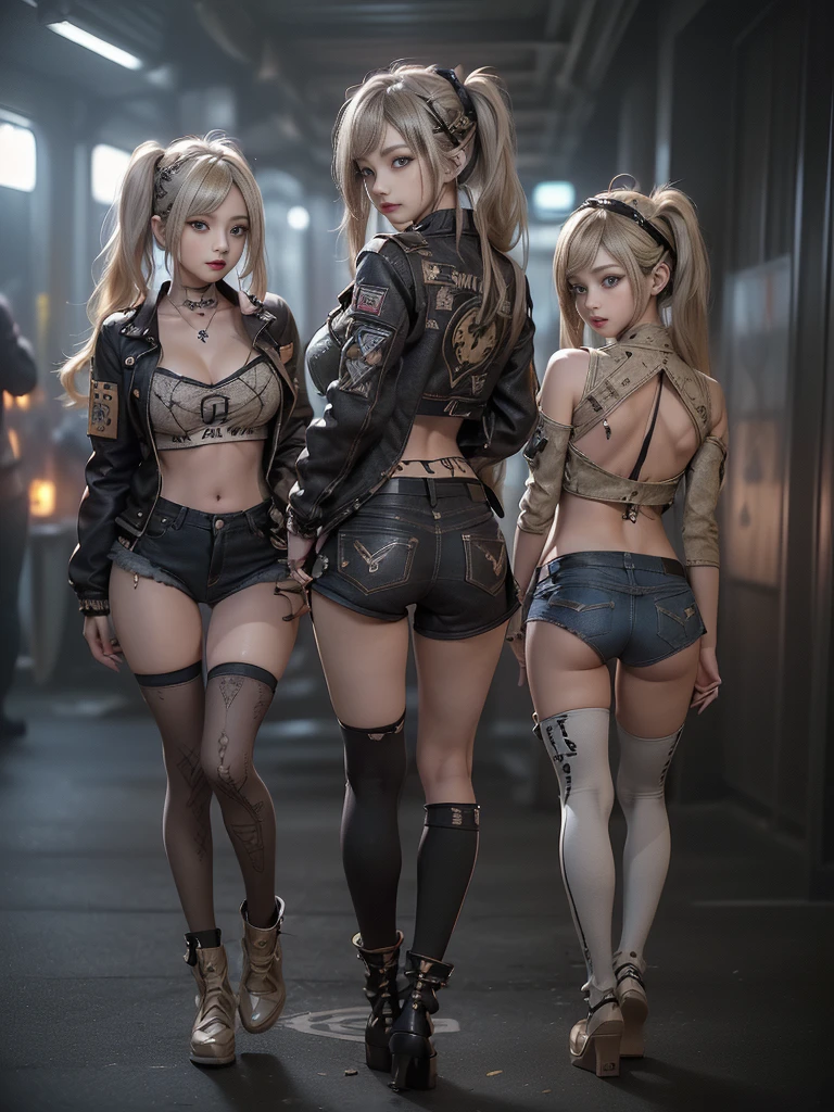 Hunger game characters taking self in group, transparent lingerie, leather clothing, mini-skirt