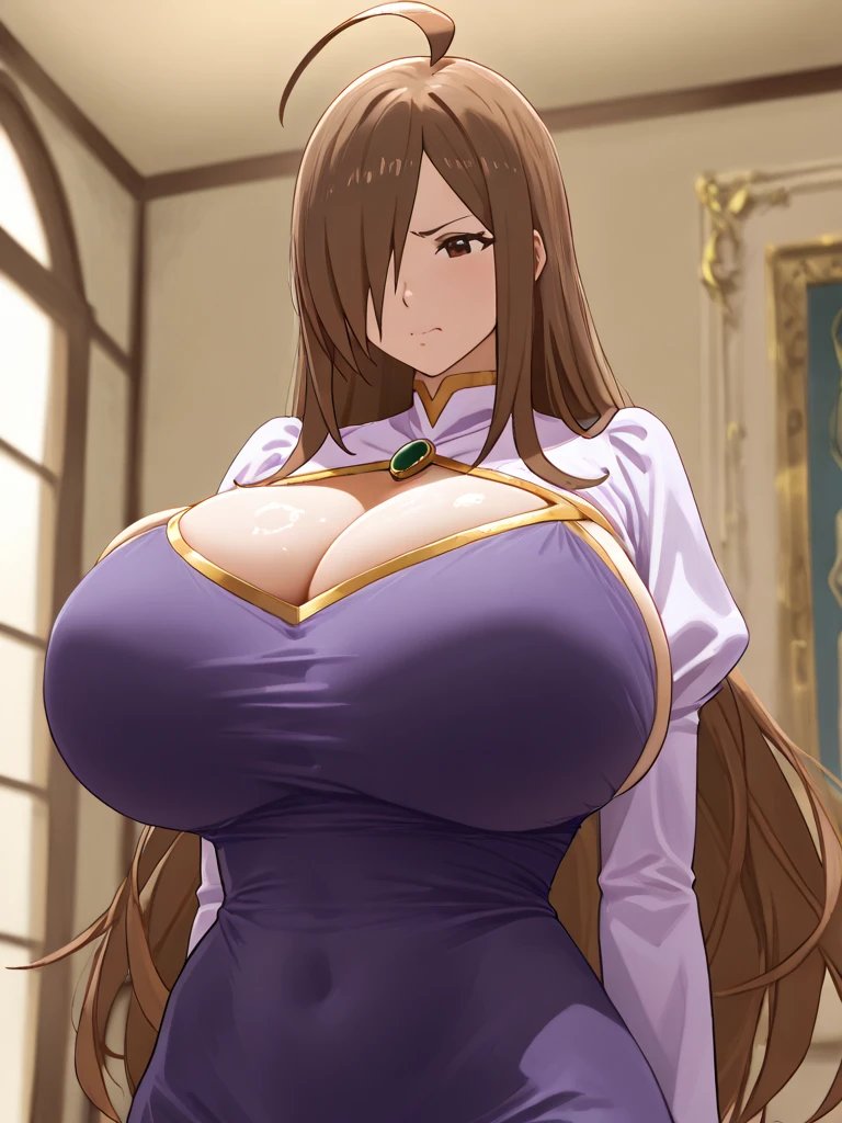 Nia, brown hair, violet eyes, big breast, perfect body,