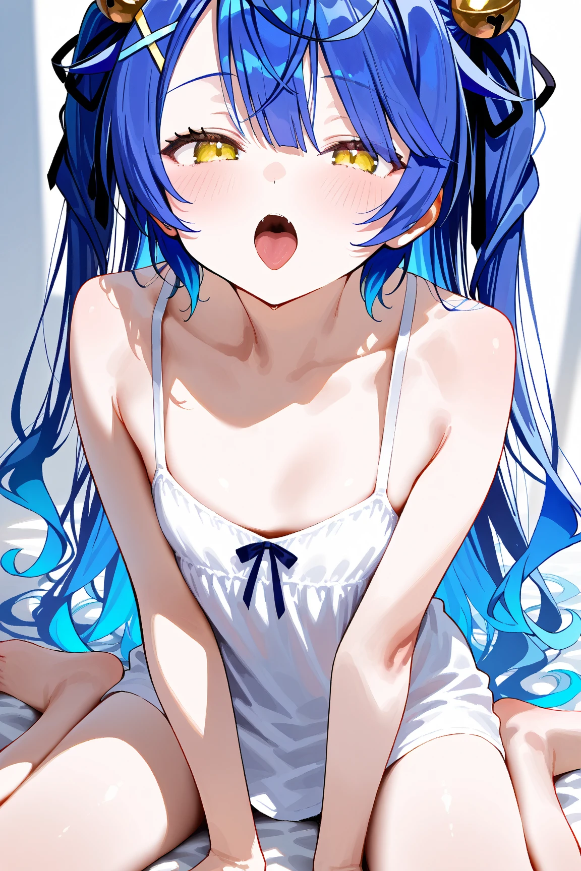 NSFW,masterpiece,Highest quality,High resolution,Super detailed,Shiro \(no game No life\),Long Hair,Multicolored Hair,Hair between the eyes,Gradient Hair,Yellow Eyes,Flat Chest,Love Hotel at Night,bedroom,Embarrassed,blush,Ahegao,Lying down,Leg spread,Open your mouth、Stick your tongue out,Roll your eyes、squint,orgasm,Squirting
