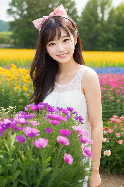 A young Japanese idol sitting on a lush green field in a park, with sunlight filtering through the trees. The idol is wearing a white summer dress, holding a small bouquet of freshly picked flowers and smiling naturally. The background is filled with vibrant greenery, colorful flowers, and gently swaying grass. The atmosphere is peaceful and serene, with a soft breeze rustling the leaves.