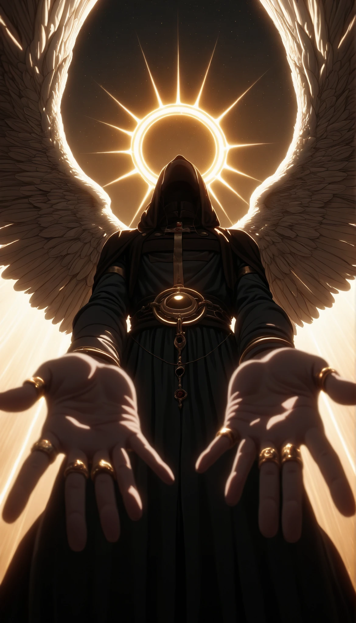 depth of field, high definition image, a lot of details,Divine Fobor,open arms,Alo de Luz,ring of golden light,angels coming down from the sky with white wings in relaxed posture,hands coming out from below,seen from below, Angel in the Sky,Under the light hard shadow