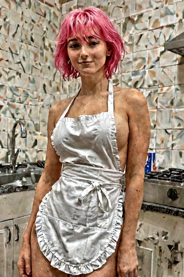 dilapidated kitchen, warm lighting and shading, (cramped, cuisine sale avec vaisselle dehors) , (American woman with multi-colored hair), souriant, confident, (((Nude))), ((visage sale)) , ((wear a pink string)), claustrophobic shot, masterpiece, best quality, tetas grandes, ((bol de spaghetti sur le comptoir)), (old light fixtures) , ((compteur sale)), (pixie haircut)
