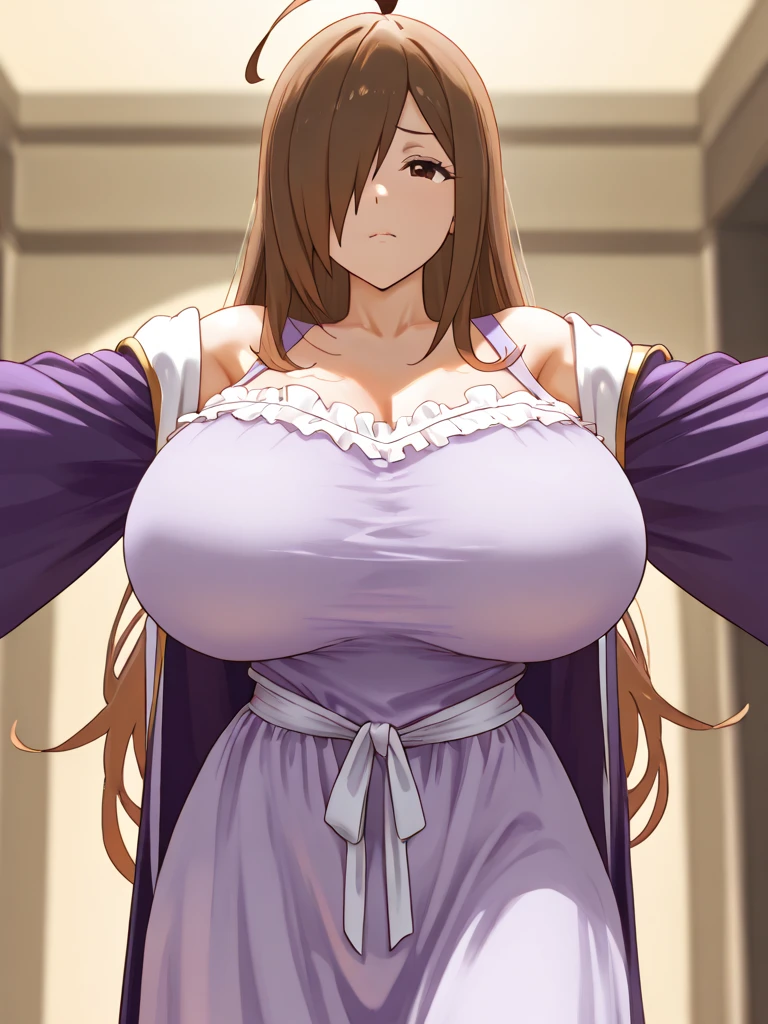 (masterpiece, Highest quality:1.2), alone, One girl, Jessica, Embarrassed expression, blush、Twin tails, Purple Shirt, Strapless Dress, corset, Earrings, belt,Long skirt、 Cleavage、(Huge breasts:1.5)、Sit with your legs apart、Striped panties、Underwear wedgie、From below、is see-through