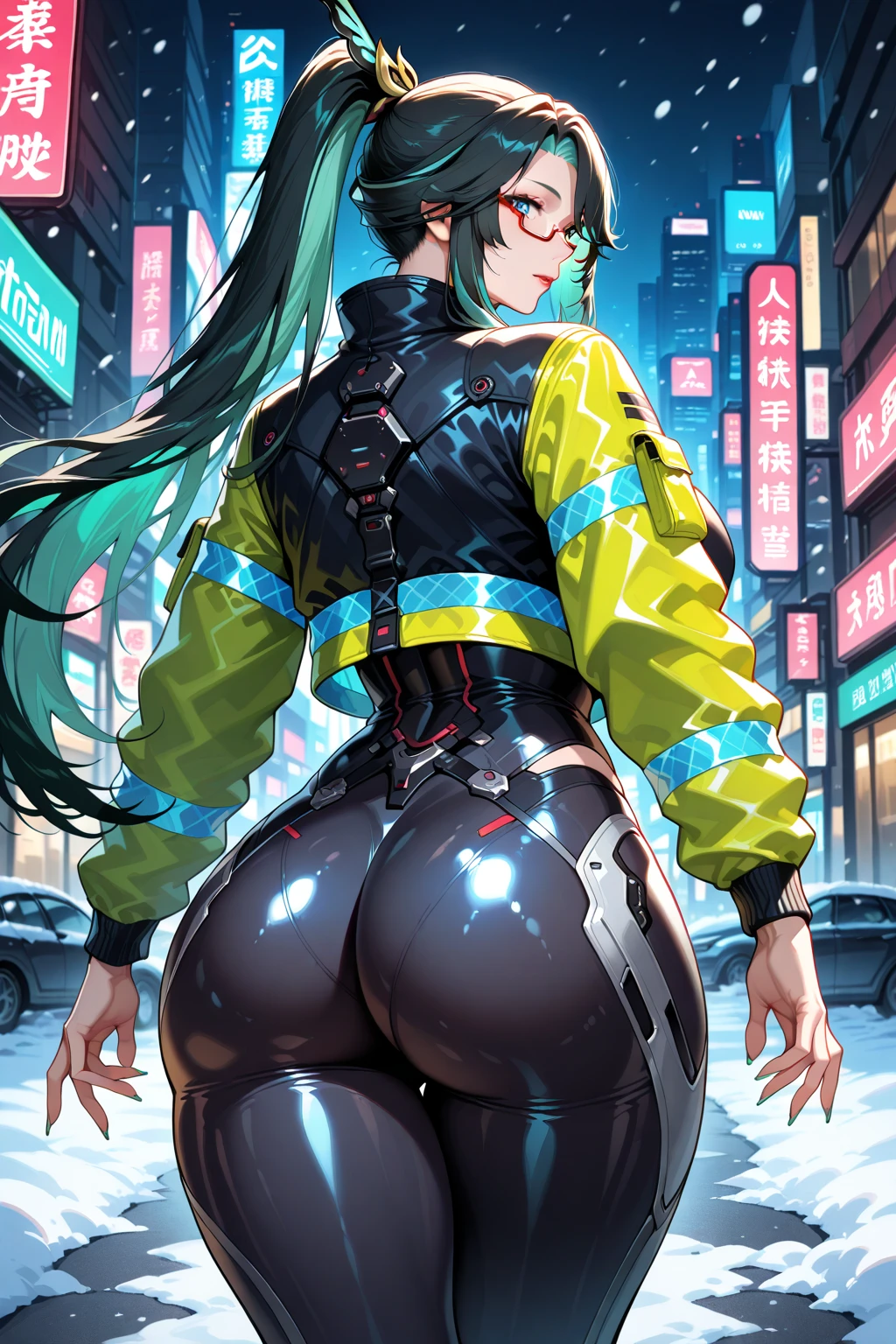 On the outskirts of a bustling city, a giantess leans casually against a skyscraper, her long, flowing hair cascading down its glass facade. Below, cars and pedestrians come to a standstill, mesmerized by her immense presence and the effortless way she interacts with the urban landscape.

