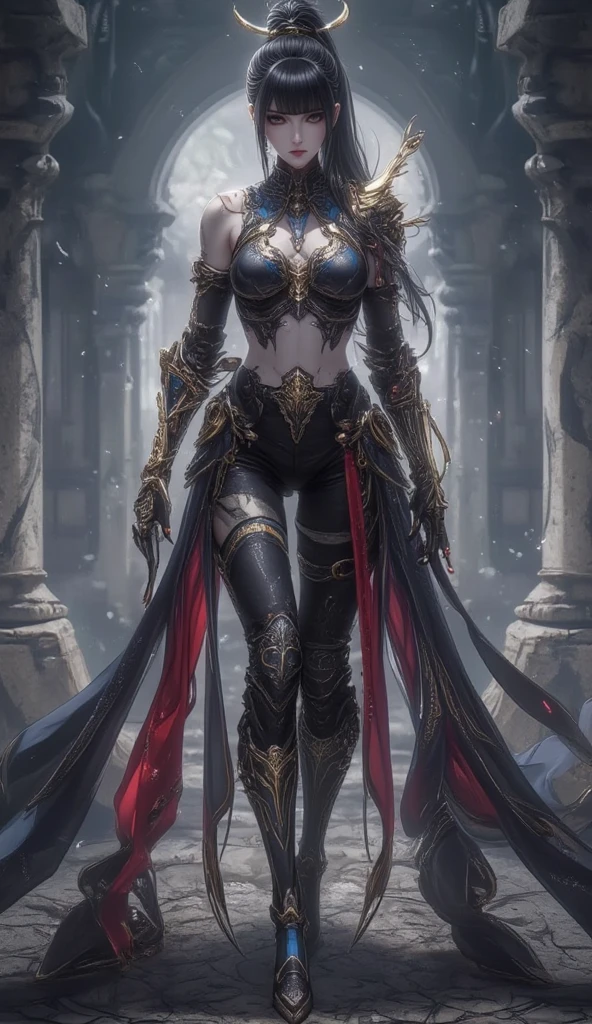 (((full-body))), 1 female warrior, hot body curves, super model, beautiful woman body, beautiful sexy warrior woman photo, (Background with:the rainforest), high ponytails, very long hair details, seen from the front, The sky is mostly cloudy, (((tmasterpiece), (Very detailed CG unified 8k wallpaper), Best quality, light, detailed background, beautidful eyes, Bright pupils, Snow-whiteskin, Redlip (very delicate beautiful), (Beautiful and detailed eyes description), ultra-detailed, masterpiece)),high resolution, ultra-detailed), Bare genitals, Convex, legs are open, Raised sexy, Camel toes, face flushed, (dressed in:black armour with golden details and a black cape)