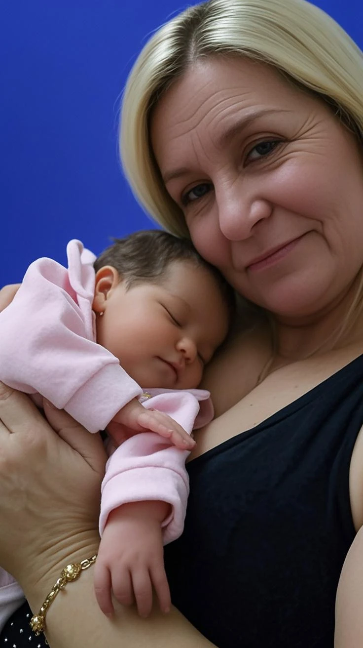 A young woman is cradling her sleeping grandfather while demonstrating how to breastfeed him